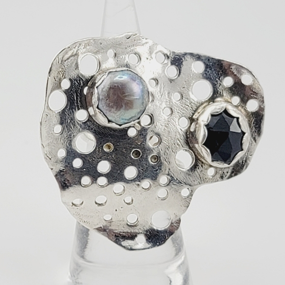 ONYX & PERAL ABSTRACT DESIGN RING HANDMADE IN STERLING SILVER METAL SIZE 8.5 - Picture 6 of 6